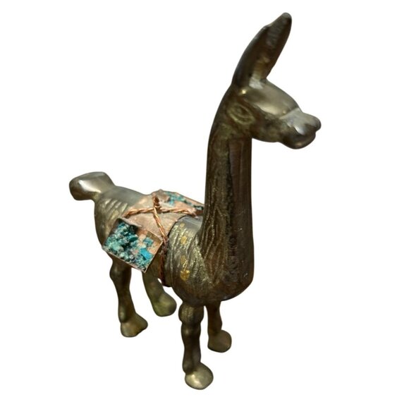 Vintage Brass Llama Figurine With Turquoise Stone Saddle - Picture 2 of 5